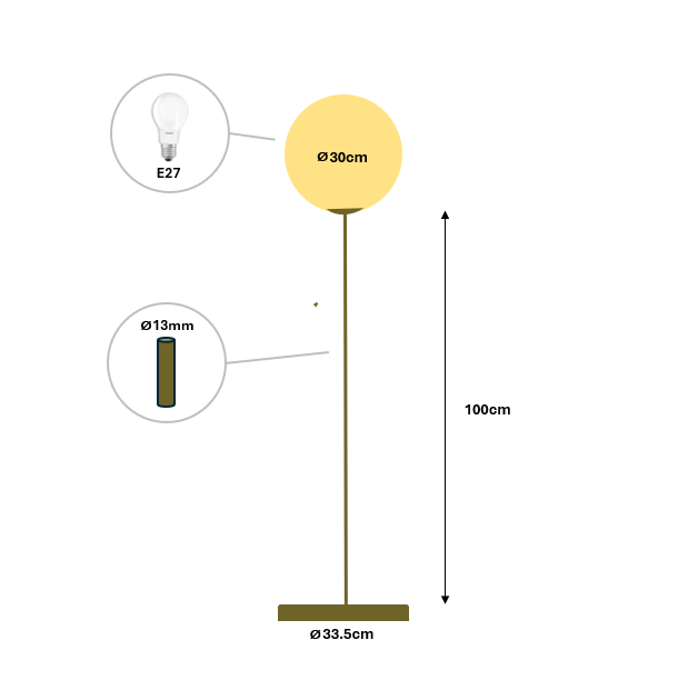 מנורה עומדת – פיסול מפליז עם כדור זכוכית חלבית